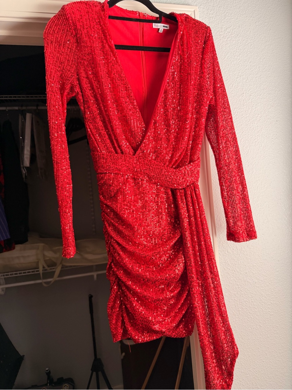 Fashion Nova Red Sequin Long-Sleeve Wrap Dress